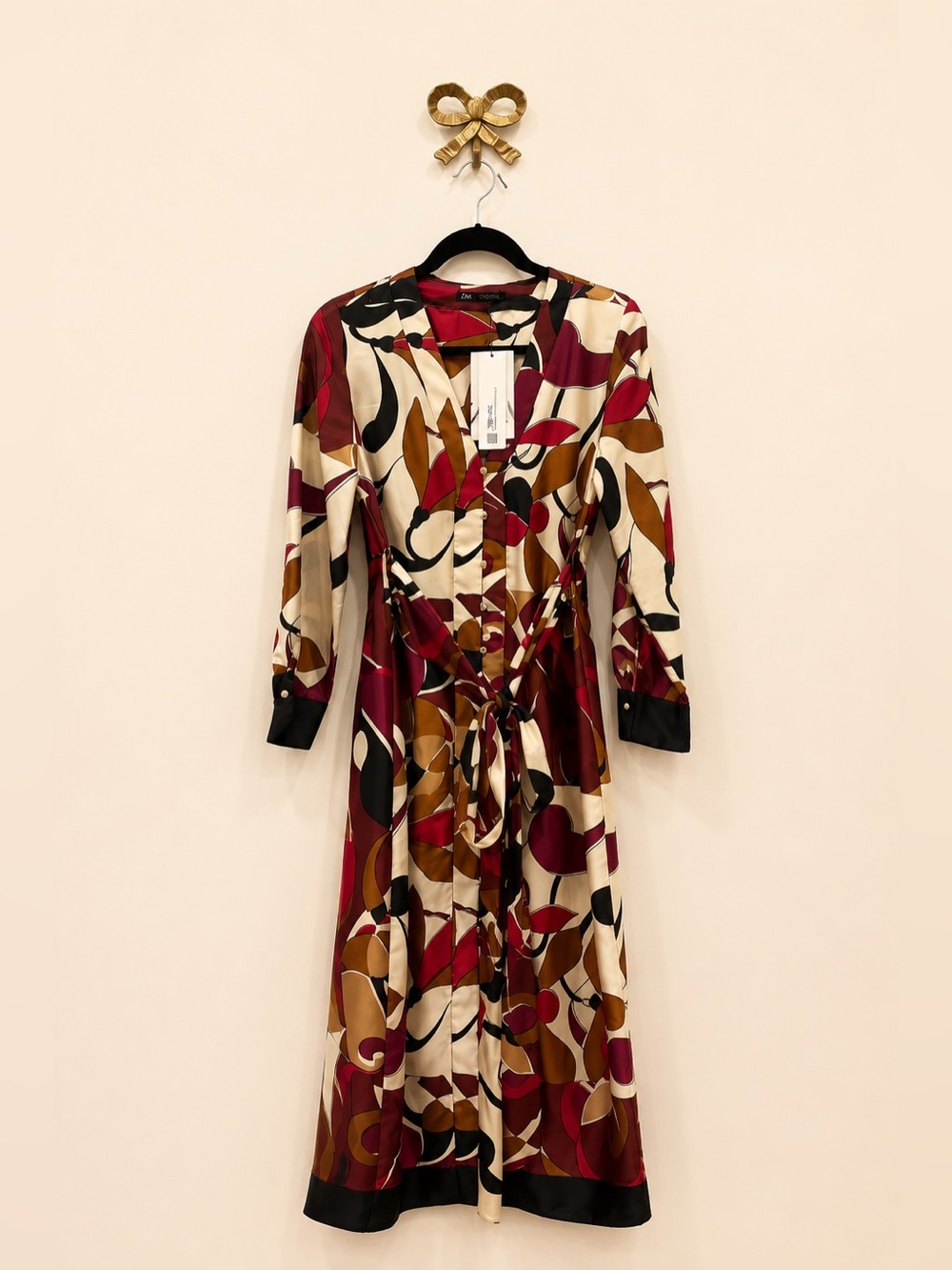 Zara Abstract Print Tie-Waist Long Sleeve Dress - Burgundy, Cream & Brown